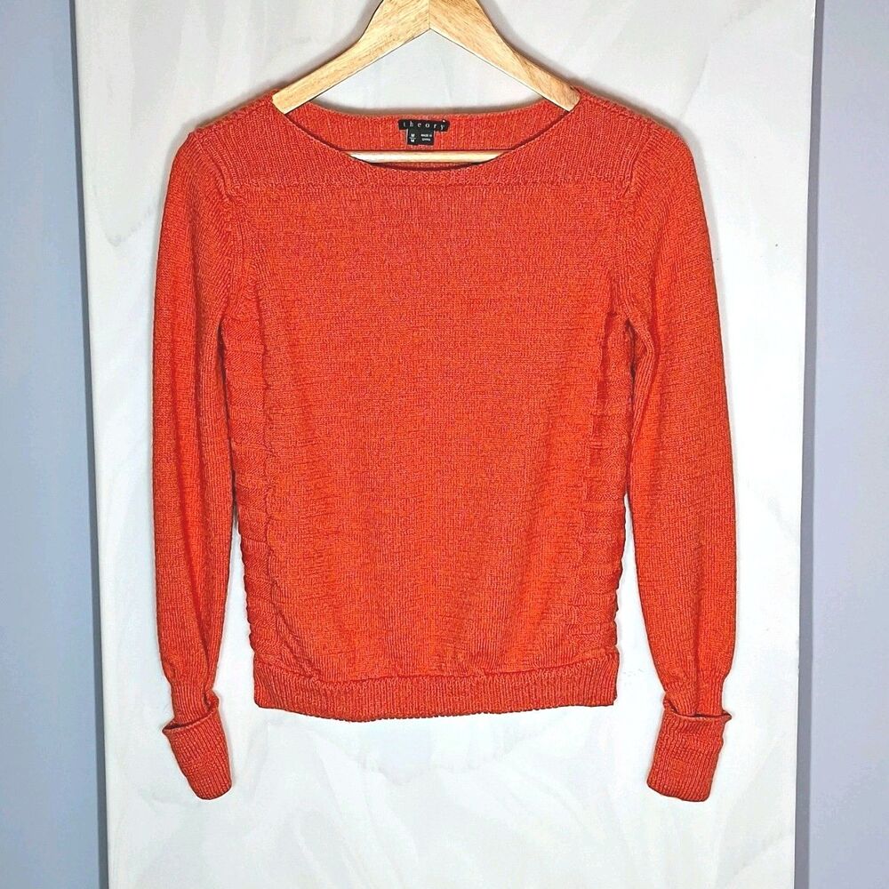Theory Sweater M Orange Pink Marled Baby Alpaca Silk Ruched Quiet Luxury Preppy